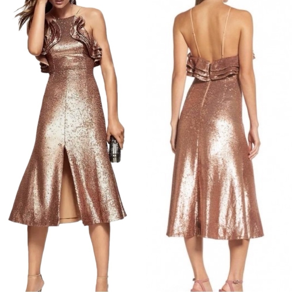 NWT C/MEO Collective Illuminated Sequin Ruffle Midi Dress | Copper Rose Gold | S